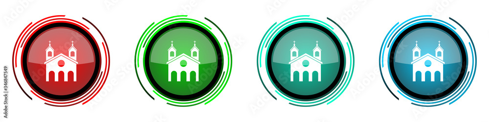 Religion, church round glossy vector icons, set of buttons for webdesign, internet and mobile phone applications in four colors options isolated on white background