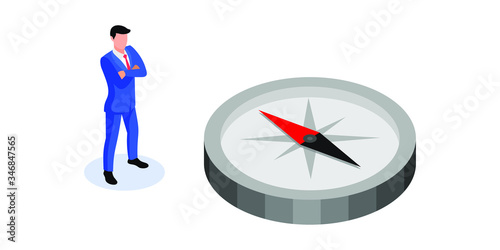The businessman thinks where to go. Business direction concept. Symbol of strategy, future vision. Flat isometric мector illustration. Compass - searching for investment opportunity