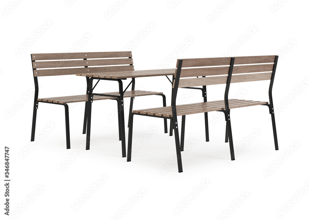 Garden, outdoor furniture isolated on white background. Wooden dining area. Clipping path included. 3D rendering. Garden, outdoor furniture isolated on white background. Wooden dining area. Clipping path included. 3D rendering.