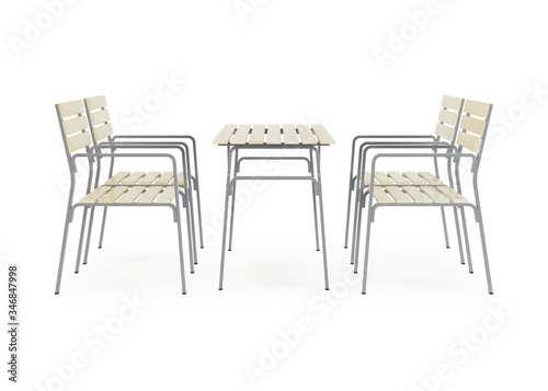 Garden  outdoor furniture isolated on white background. Wooden dining area. Clipping path included. 3D rendering.