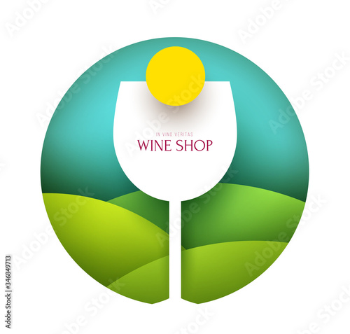 Silhouette of vineglass on green field background with sun. Abstract art composition in modern geometric style. Minialistic concept design template for branding. Vector illustration. photo