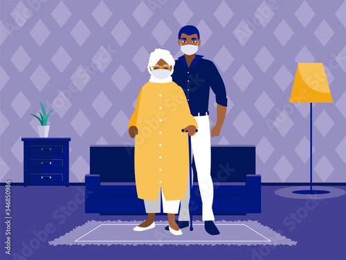 Man and grandmother with masks at home vector design