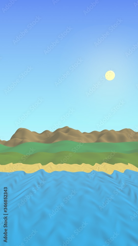 Sun Sea Beach. Noon. Ocean shore line with waves on a beach. Island beach paradise with waves. Vacation, summer, relaxation. Seascape, seashore. Minimalist landscape, primitivism. 3D illustration