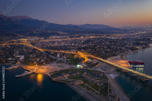 Patra City Night view at Greece with Suspension bridge at twilight