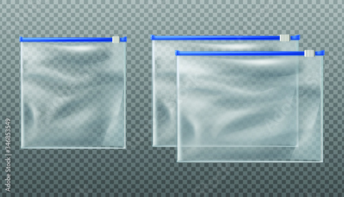 vector blue zip slider transparent bags. Empty mockup pouches in different sizes on transparent background.
