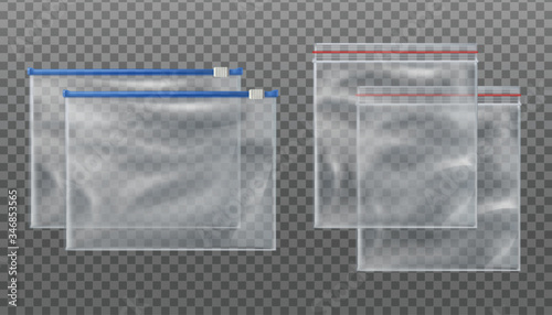 Collection of 3d realistic vector zip lock transparent bags and zip slider transparent bags. Empty mockup pouches in different sizes on transparent background.