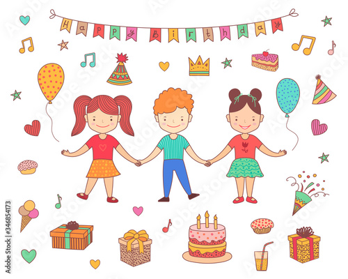 Kids Birthday party celebration. Group of friends hold hands. Objects set. Cake, air balloons, gift, present box, cupcake, pie, firework, music sign. Clorful vector illustration isolated on white
