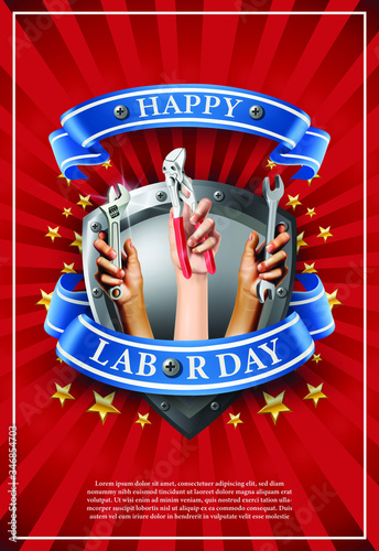3d realistic vector illustration Labor day banner. Element design emblem on red background with stars.Hands holding instruments like screw or wrench.
