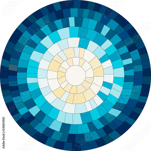 vector illustration  abstract round mosaic of small elements  forming the sun and sky  in blue and yellow. For backgrounds  logos  prints  patterns and design.