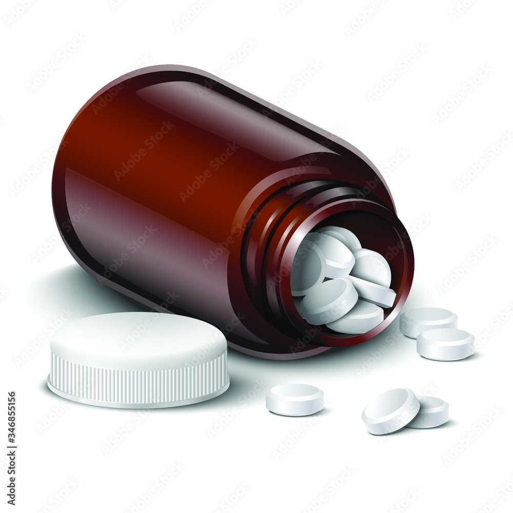 vector tilted brown glass bottle of medicine with white pills, isolated on white background. vector tilted brown glass bottle of medicine with white pills, isolated on white background.