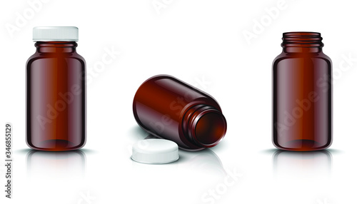  vector mock up set of medicine bottles in brown glass with white cap. Isolated icon illustration on white background.