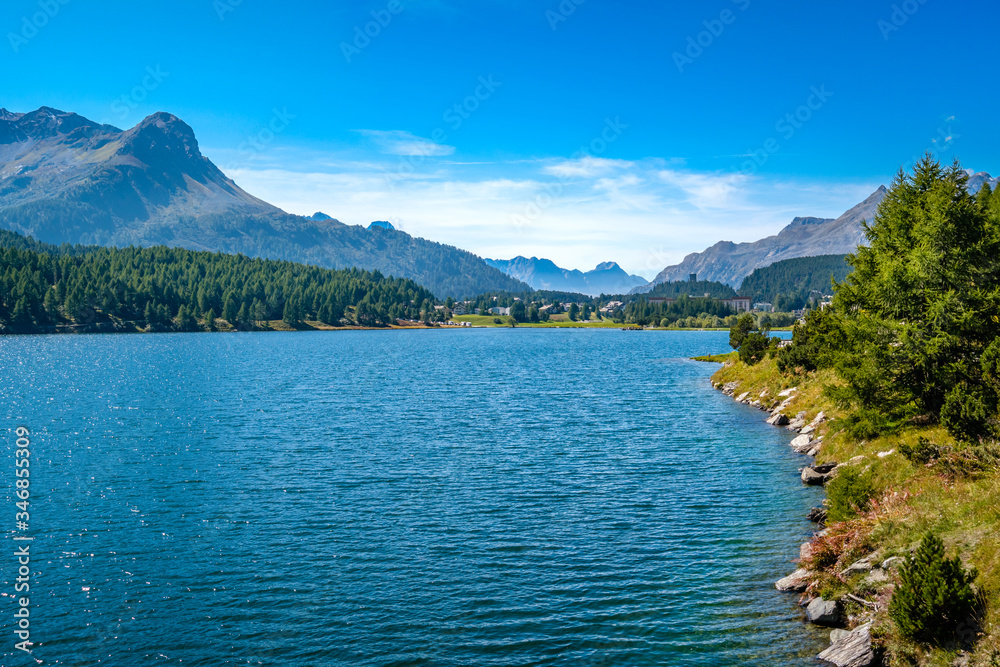 Clear morning at Lake Sils (Silsersee), in the Upper Engadine Valley (Graubünden, Switzerland). It lies between Lake Silvaplana and the Maloja Pass and is well known for its beauty