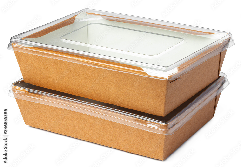 Craft package food box with transparent cover on white background close up Craft package food box with transparent cover on white background close up