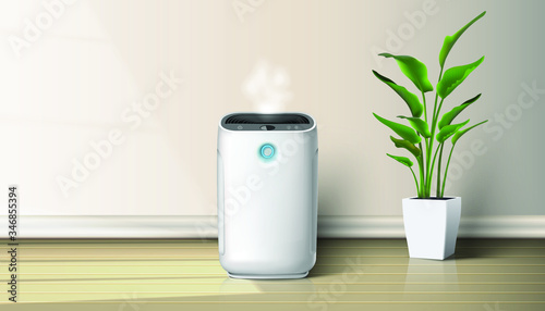  vector air purifier in the interior on the wooden floor  background illustration with house plant on the floor. Air cleaning and humidifying  devise for the house.