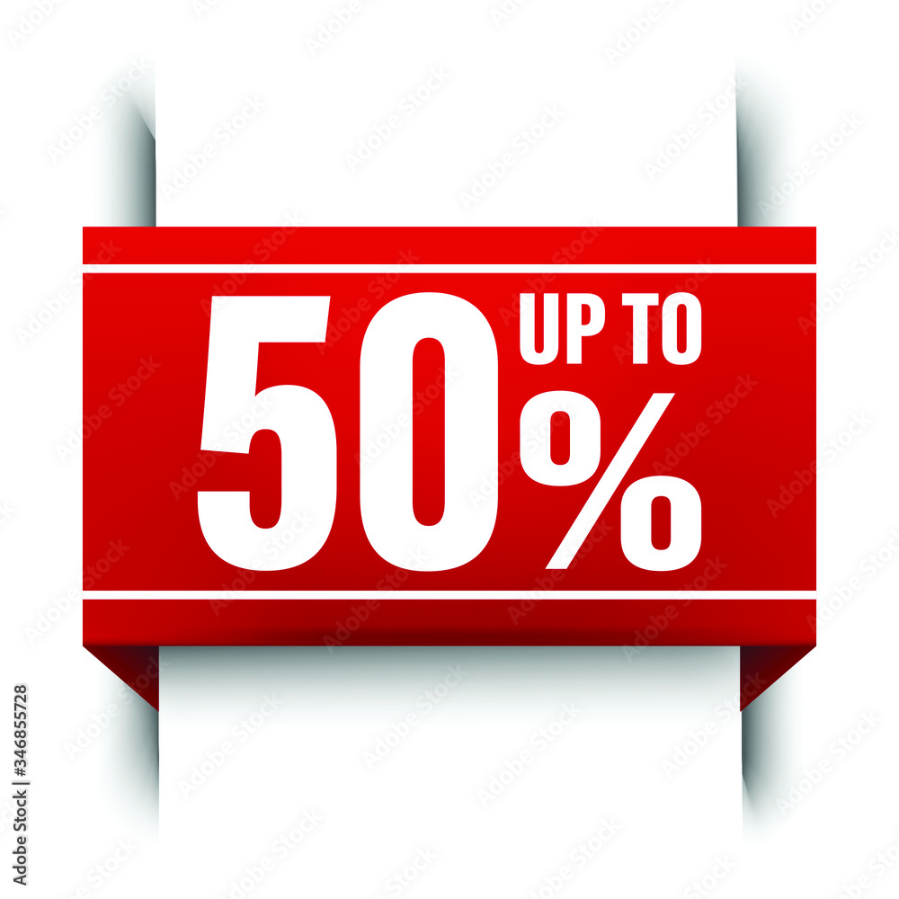 Vector icon illustration of red ribbon banner, sale bookmark of up to 50 percent off. Vector icon illustration of red ribbon banner, sale bookmark of up to 50 percent off.