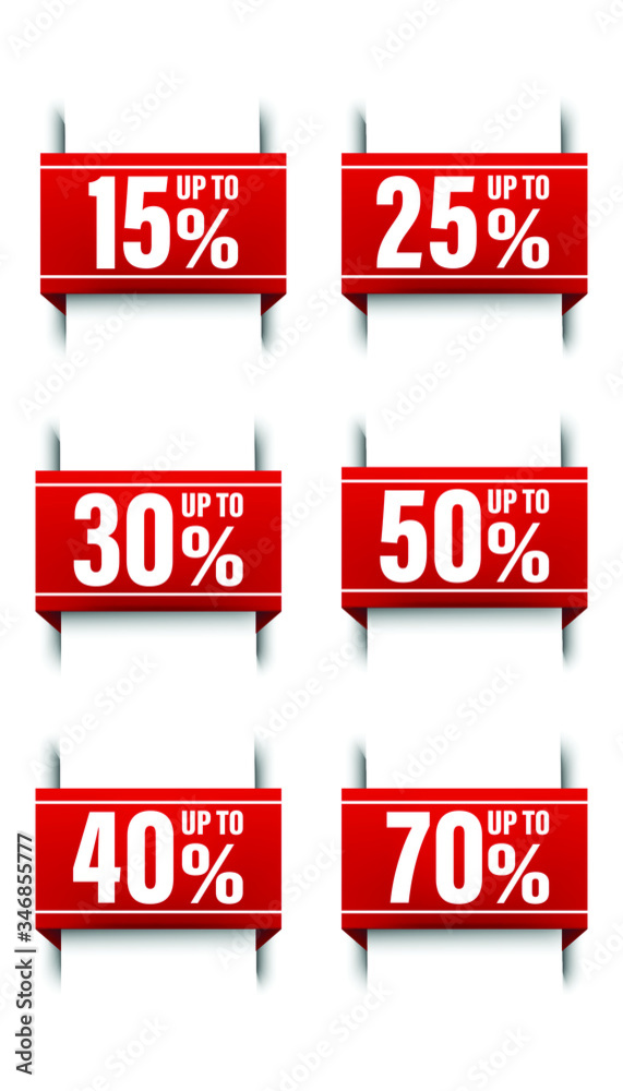 Big vector collection of icon illustrations of red ribbon banners, sale bookmark of up to 50, 15, 25, 30, 40, 70 percent off. Big vector collection of icon illustrations of red ribbon banners, sale bookmark of up to 50, 15, 25, 30, 40, 70 percent off.