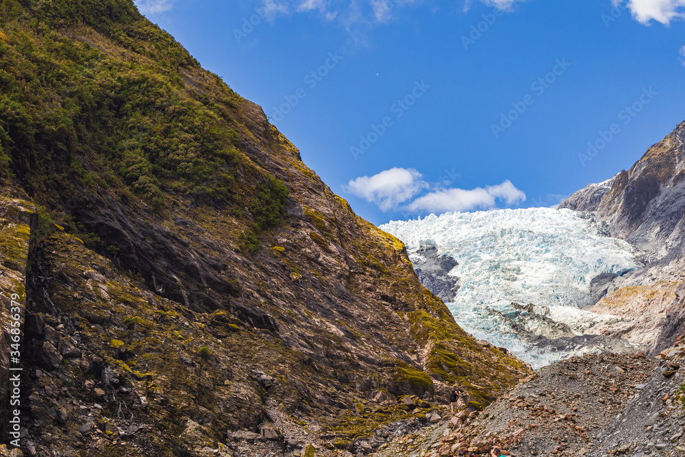 Panorama of Franz Joseph Glacier. Stones and Ice.  South Island, New Zealand