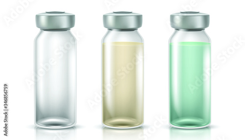  vector icon illustration of medicinal glass bottles for injections or vaccines. Isolated on white background.