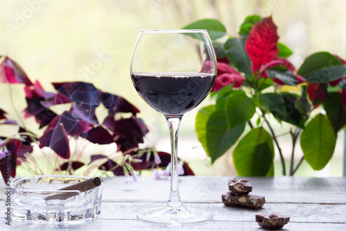 Glass of  wine on wooden table, cigar smoke, pieces of dark chocolate with window green and red plant leaves