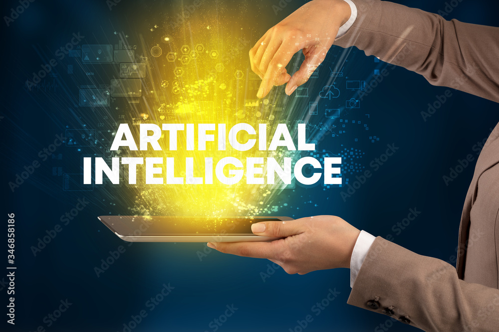 Close-up of a touchscreen with ARTIFICIAL INTELLIGENCE inscription, innovative technology concept Close-up of a touchscreen with ARTIFICIAL INTELLIGENCE inscription, innovative technology concept