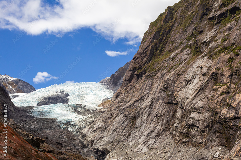 Glacier View of Franz Josef in New Zealand. Portrait of Gracier. South Island