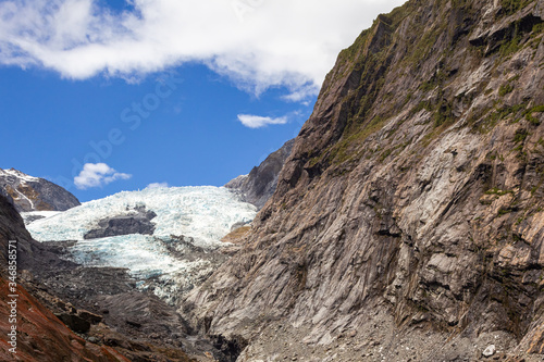 Glacier View of Franz Josef in New Zealand. Portrait of Gracier. South Island