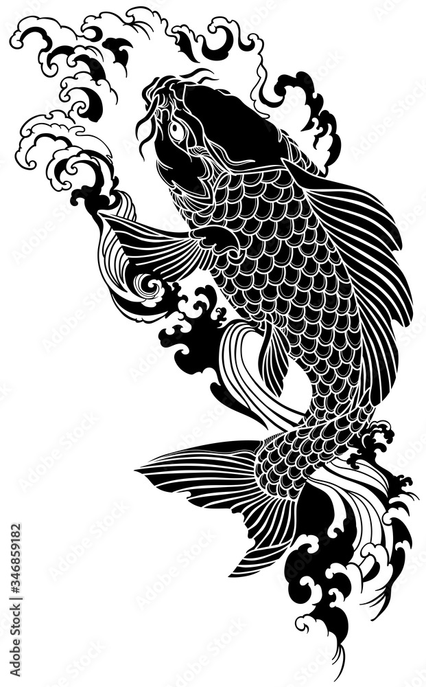 koi carp swimming upstream. Japanese gold fish with water waves. Tattoo . Black and white vector illustration Векторный объект Stock