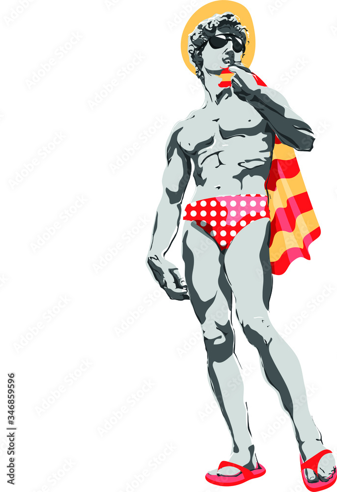 vector illustration of a david statue in a swimsuit with a towel, slippers, hat and sunglasses