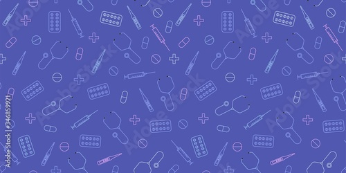 Seamless pattern design with medical or pharmacy elements on blue background for package print, wrapping paper, fabric, texture, textile decoration. Doctor or hospital theme vector illustration.