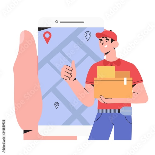 Online food or package free fast delivery tracking by map application or service. Company courier hold box with products, food, electronics. Order online delivery for commercial and private interests.