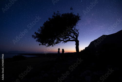 Silhouette of couple with night scene milky way background in the galaxy. under tree. Romantic star night shot