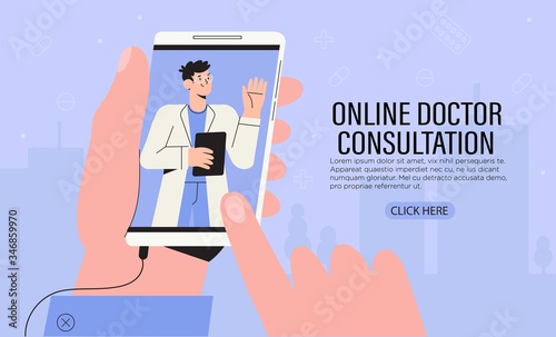 Hand hold phone with video call to family doctor through the application on the smartphone. Online medical advice or consultation service banner, flyer, web page concept. Trendy vector illustration.
