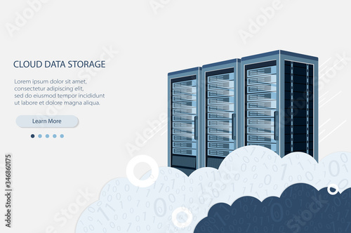 Cloud computing illustration. Data storage device,media server. Web hosting and cloud technology. Data protection,database security. Backup,copy,migrate data between cloud storage services.