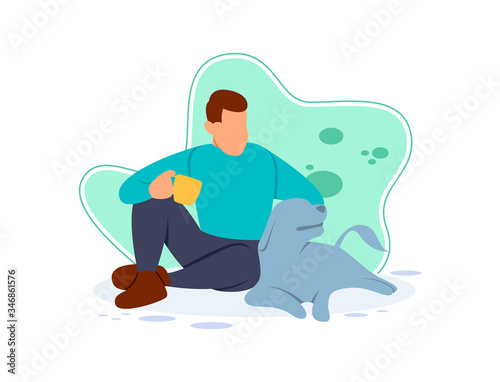 Flat vector illustration of a man sitting holding a cup of coffee with a dog beside him. Activities carried out while quarantine at home.