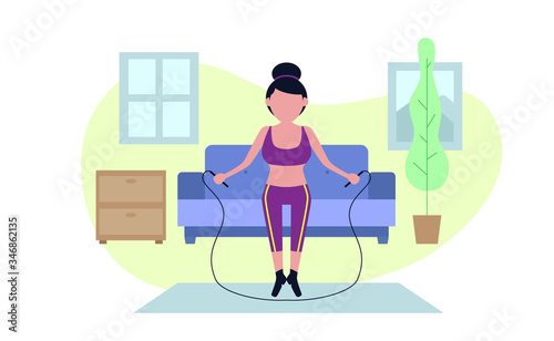 woman workout from home. jump rope at home with interior design. Stay healthy, beauty and good posture.