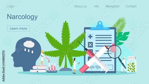 Narcology concept vector for landing page. Tiny narcologist doctors treat human against drug, tobacco addiction. Psychiatrists helps patient, mental health photo