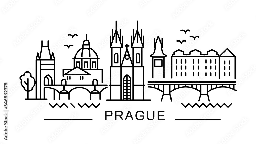 city of Prague in outline style on white