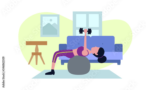 woman workout from home. stretch with ball stabilization and dumbbell at home with interior design. Stay healthy, beauty and good posture.