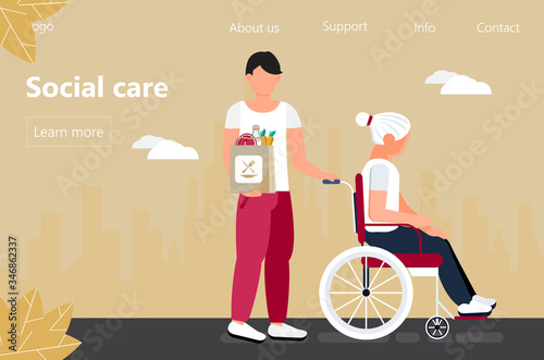 Social worker is taking care about senior woman. Support disable people concept vector in flat style for landing page. Volunteer, young man rides wheelchair and shop. Grandson helps grandmother.