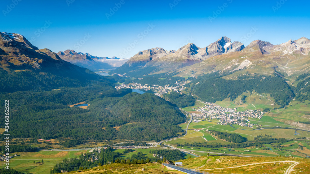 View from Muottas Muragl (Graubünden, Switzerland) of Celerina, the Upper Engadine Valley and the four Upper Engadine Lakes (Champfer, St. Moritz, Silvaplana, Sils). It's accessible by funicular