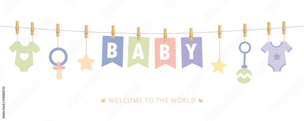 Obraz premium baby shower welcome greeting card for childbirth with hanging utensils vector illustration EPS10