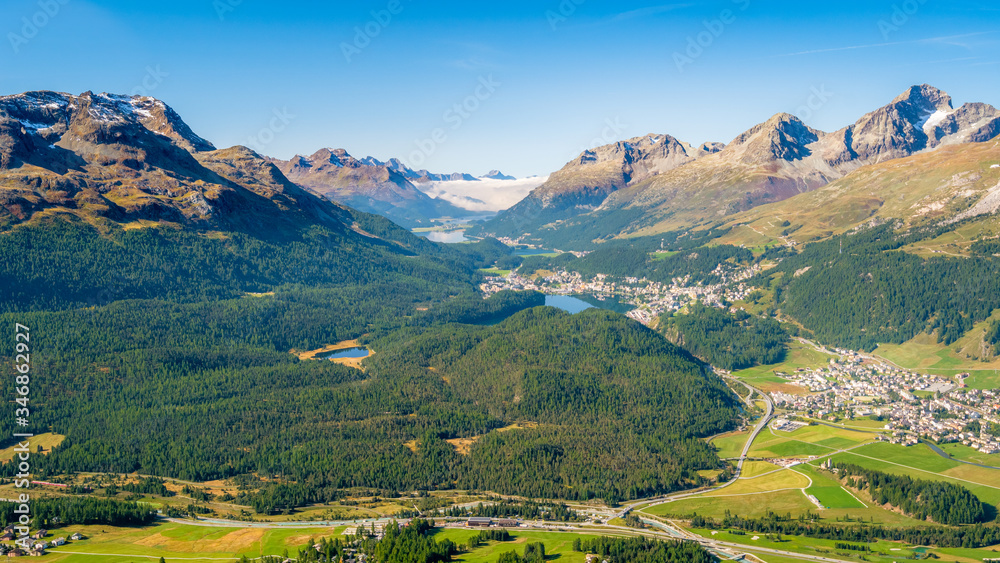 View from Muottas Muragl (Graubünden, Switzerland) of Celerina, the Upper Engadine Valley and the four Upper Engadine Lakes (Champfer, St. Moritz, Silvaplana, Sils). It's accessible by funicular View from Muottas Muragl (Graubünden, Switzerland) of Celerina, the Upper Engadine Valley and the four Upper Engadine Lakes (Champfer, St. Moritz, Silvaplana, Sils). It's accessible by funicular