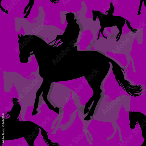 endless pattern  silhouettes of sports horses and riders isolated on a white seamless background  decorative pattern  Equestrian sports