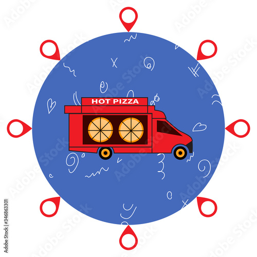 Red pizza truck. Pizza delivery around globe. Map tag icons around blue ball. Doodle on stylized globe. Food, pizzeria, online ordering, express delivery, internet services theme. Flat style EPS10.