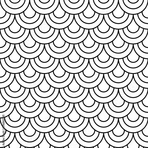 Japane secircle wave seamless pattern. Fish, mermaid, dragon, snake, scallop scales. Tail scale pattern. Minimal background, abstract texture. Seamless background. Vector illustration.