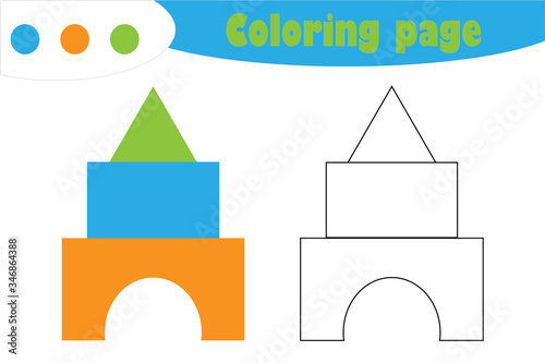 Toy blocks in cartoon style, coloring page, education paper game for the development of children, kids preschool activity, printable worksheet, vector illustration