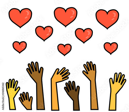 Hands of different people are raised up and a red heart. Crowd. Illustration.