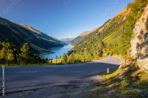 Evening in the gorgeous Kauner Valley (Tyrol, Austria). The Kauner Valley Glacier Road.is known as one of the most beautiful mountain roads in the world and is very popular with tourists.