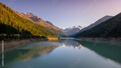 Evening at the gorgeous Gepatsch Reservoir in the Kauner Valley (Tyrol, Austria). This valley features one of the most beautiful mountain roads, the Kauner Valley Glacier Road.