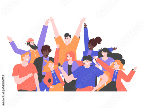 Multicultural group of people is  standing together. Team of colleagues, students, happy men and women. Multinational society. Friendship, teamwork and cooperation. Vector flat illustration. photo
